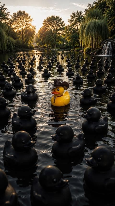 Lago cheio de patos pretos idênticos e um único pato amarelo