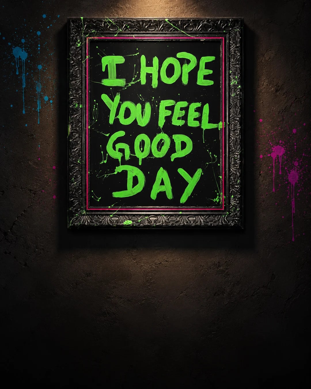 O quadro I Hope, de moldura preta entalhada, com a frase i hope you feel good day pintada em verde neon, numa parede escura com respingos de tinta