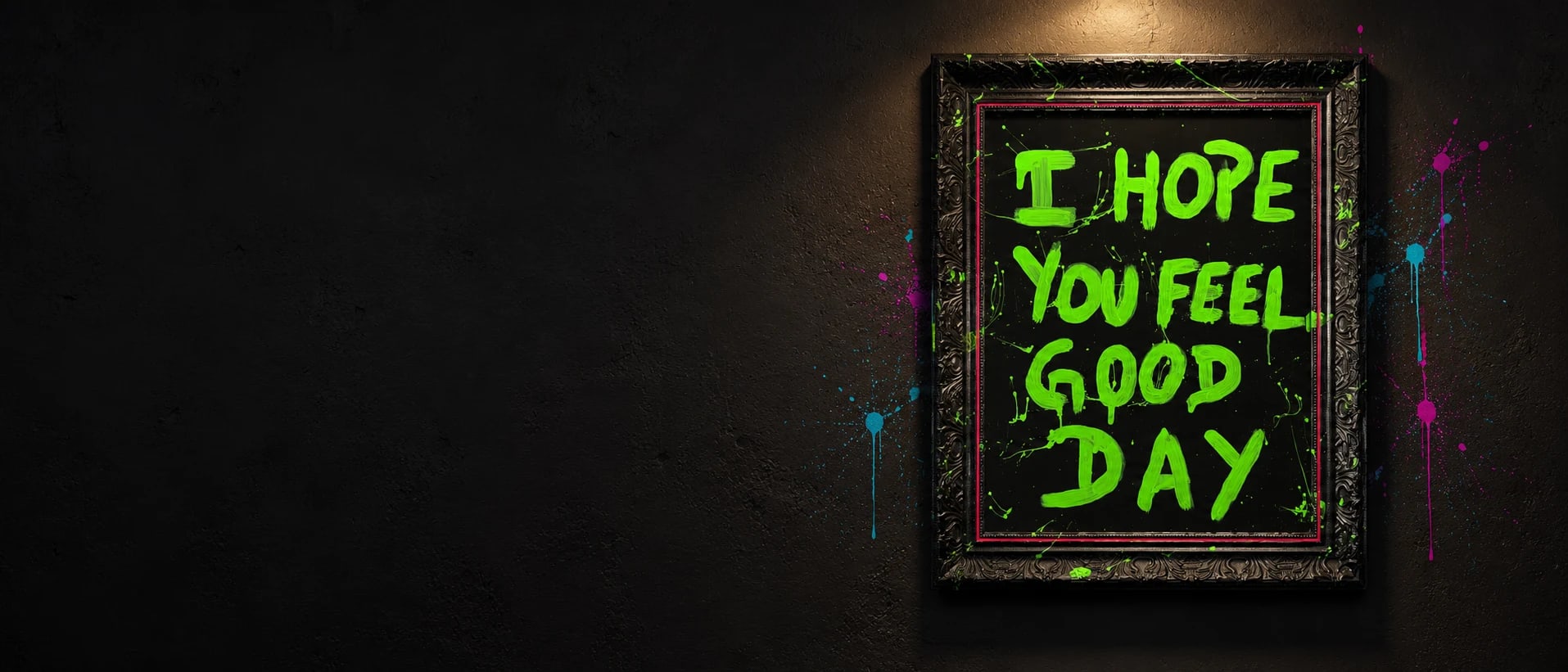 O quadro I Hope, de moldura preta entalhada, com a frase i hope you feel good day pintada em verde neon, numa parede escura com respingos de tinta