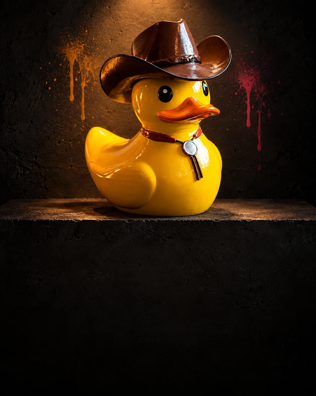 O Pato Cowboy, amarelo com chapéu de couro, sobre um pedestal de concreto sob luz quente