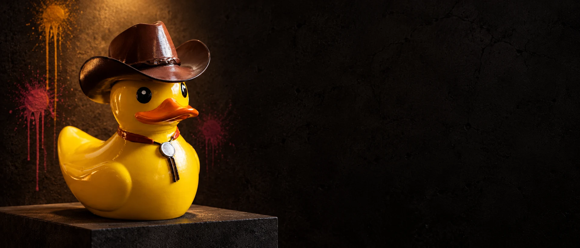 O Pato Cowboy, amarelo com chapéu de couro, sobre um pedestal de concreto sob luz quente