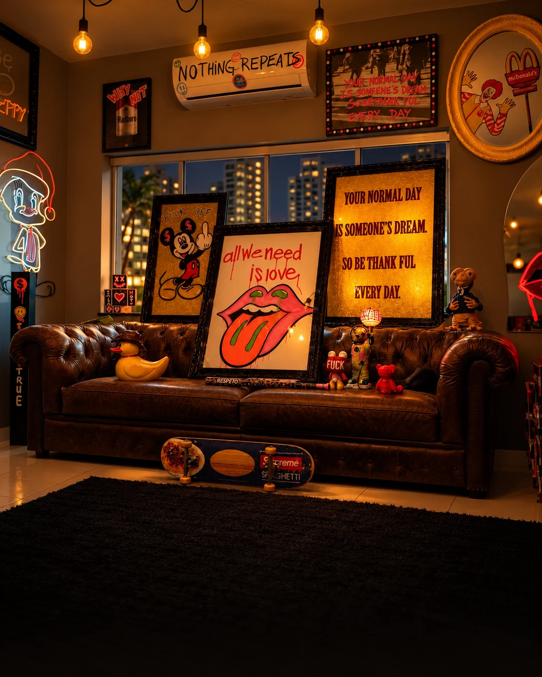 A sala da vérít.lab à noite, com o sofá de couro e os quadros e espelhos grafitados