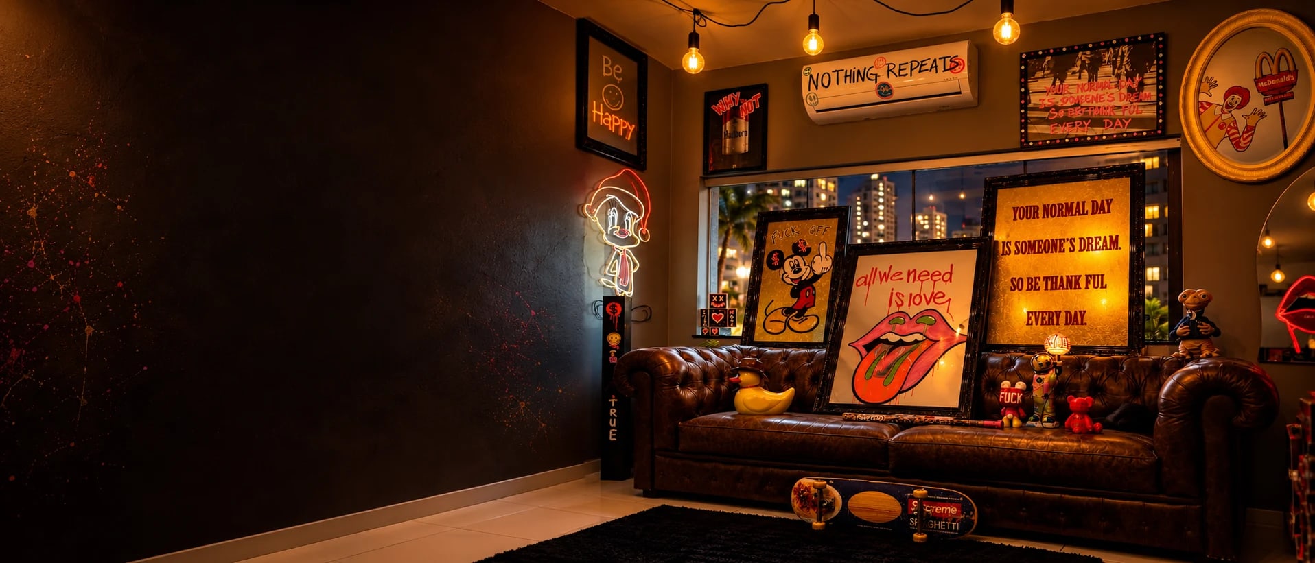 A sala da vérít.lab à noite, com o sofá de couro e os quadros e espelhos grafitados